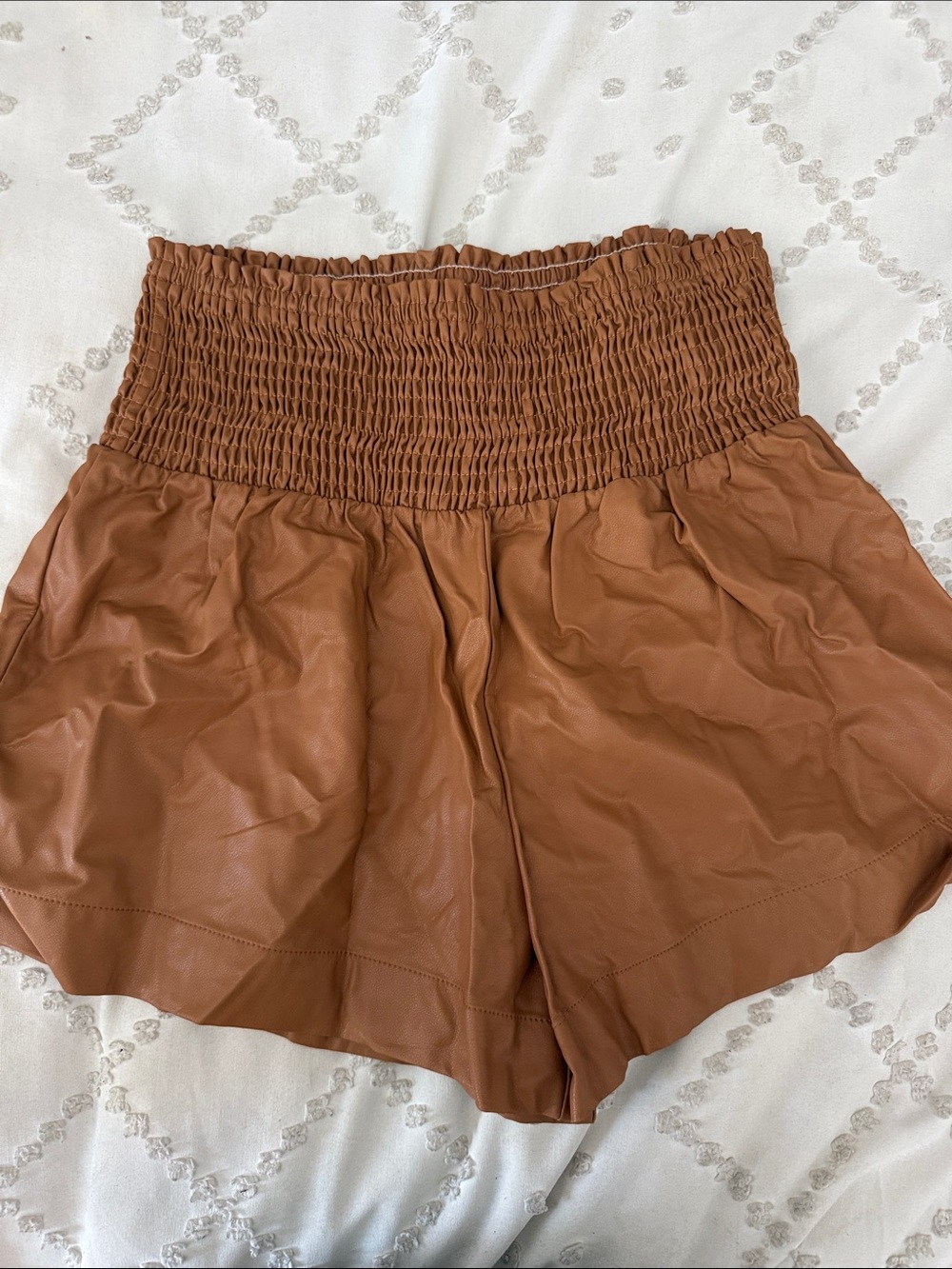 TCEC High-Waist Smocked Faux Leather Shorts - Brown Tan